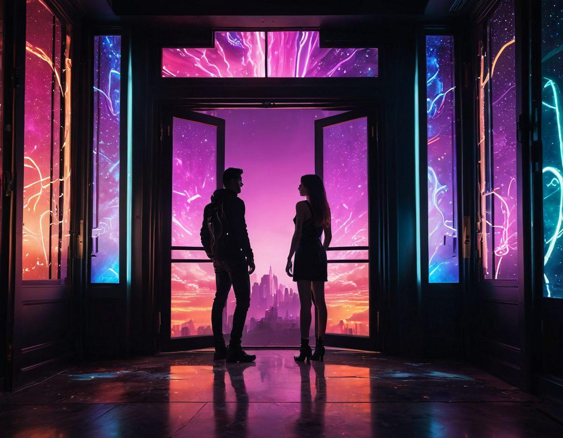 A captivating and artistic representation of an open door leading into a vibrant, neon-lit world filled with silhouettes of diverse couples sharing intimate moments, surrounded by fantasy elements like glittering stars and swirling colors. The atmosphere should evoke curiosity and allure, inviting viewers to explore the complexities of desire and intimacy. super-realistic. vibrant colors. cyberpunk.