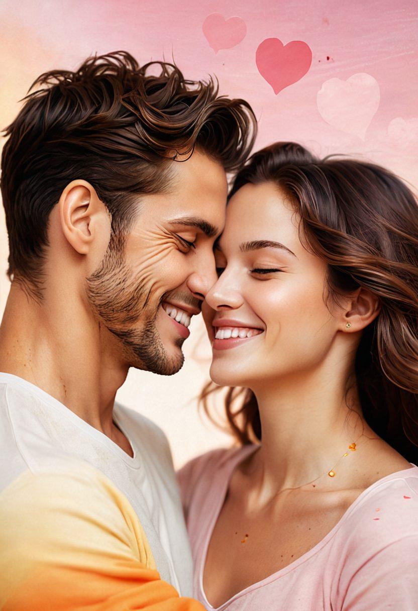 A couple sharing an intimate and joyful moment, surrounded by subtle elements representing emotional connection and sexual health, such as vibrant hearts and gentle waves intertwining around them. The background features soft, warm colors to evoke a sense of comfort and openness. Incorporate stylized depictions of interconnected icons related to relationships, intimacy, and health. super-realistic. warm tones. softly blurred background.