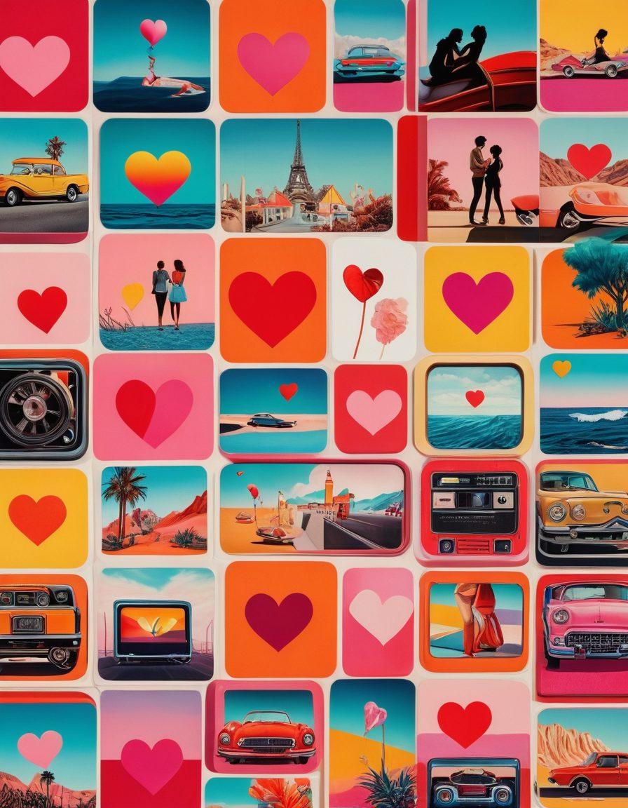 A visually engaging collage depicting the modern landscape of sexual content: half showing a smartphone with dating app notifications, the other half displaying a film reel featuring adult movie scenes, surrounded by symbolic elements like hearts and film strips. This image should balance elegance and playfulness, inviting the viewer to explore diverse aspects of intimacy. Vibrant colors. 3D elements. Pop art style.